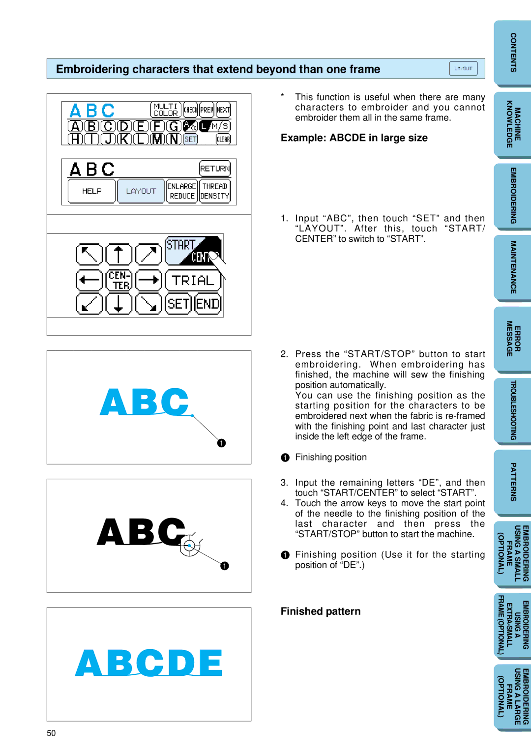 Brother PE 150 Embroidering characters that extend beyond than one frame, Example Abcde in large size, Finished pattern 