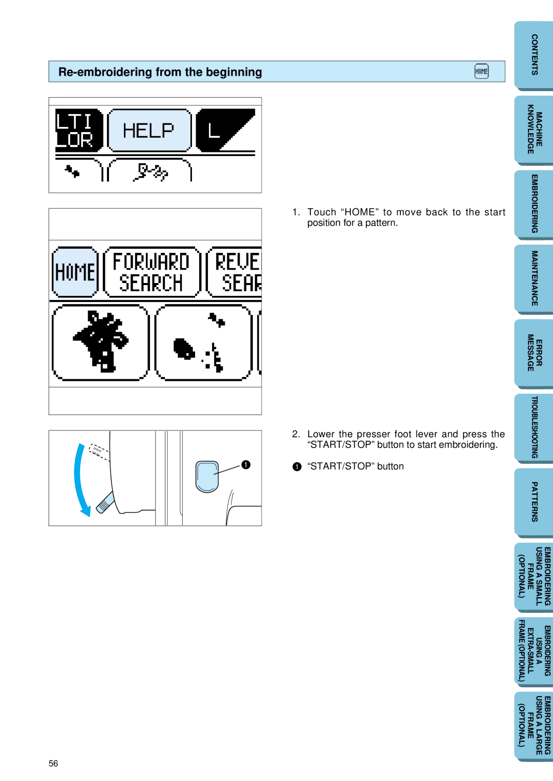 Brother PE 150 manual Re-embroidering from the beginning, START/STOP button to start embroidering 