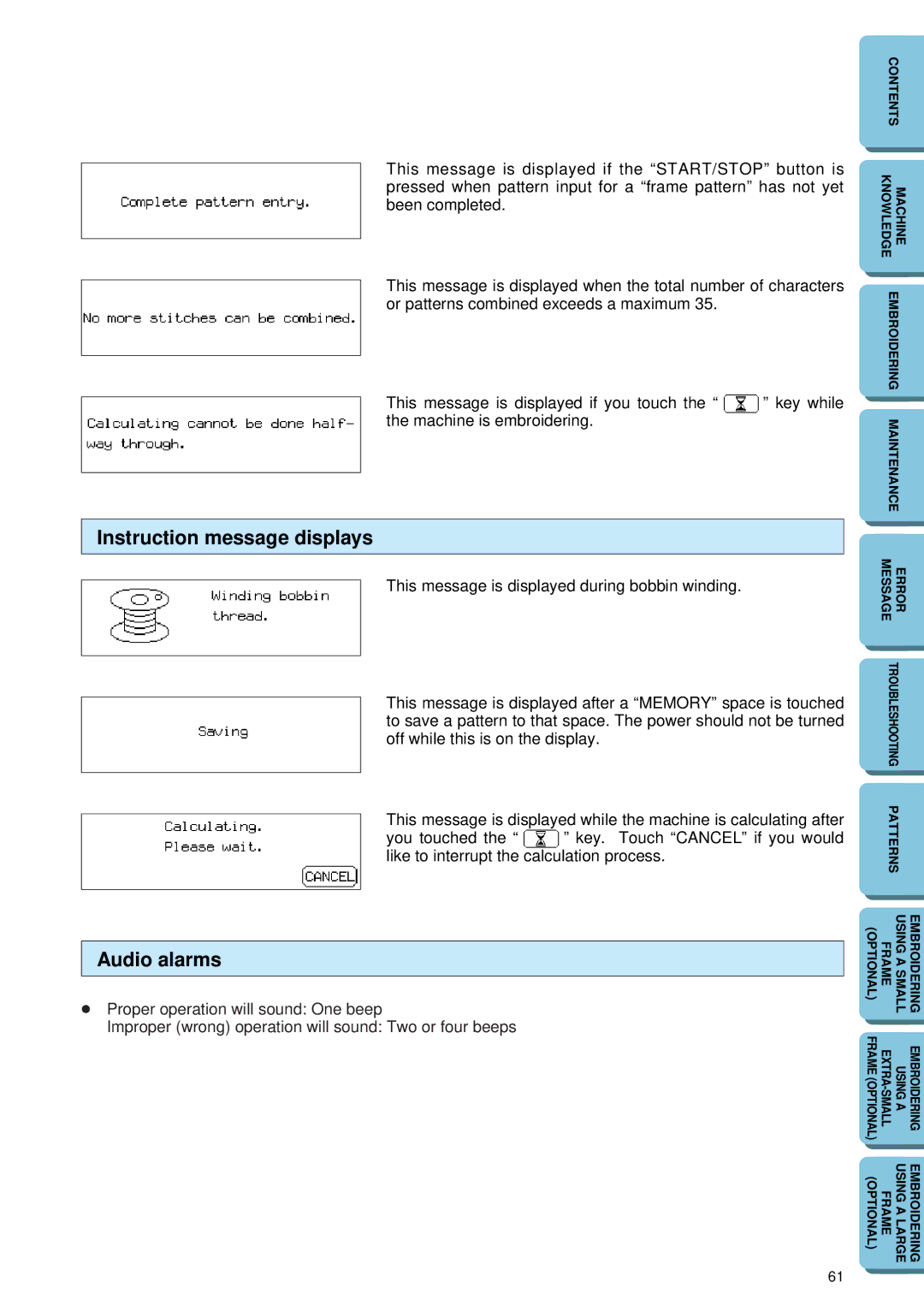 Brother PE 150 manual Instruction message displays, Audio alarms 