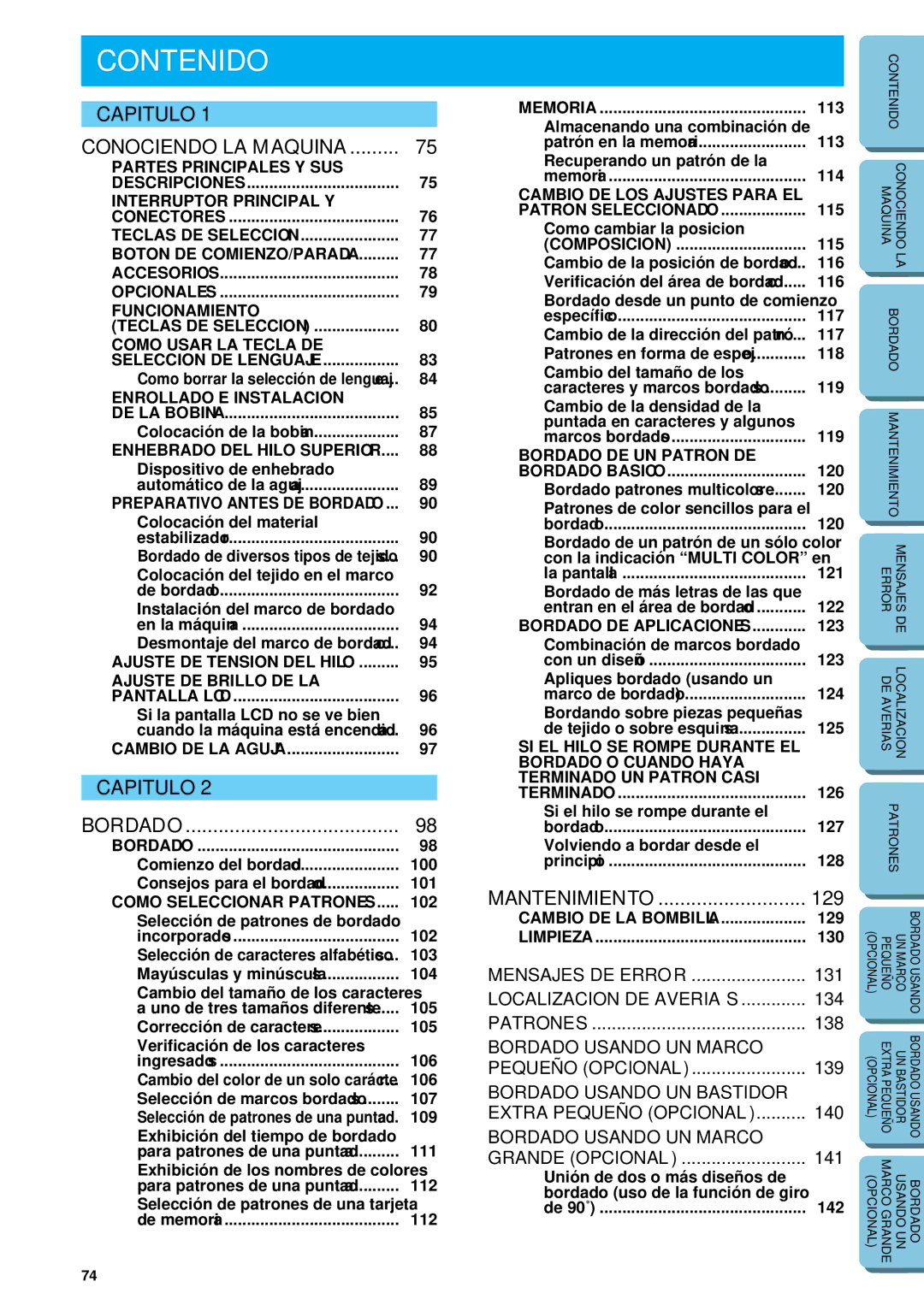 Brother PE 150 manual Contenido, 129 