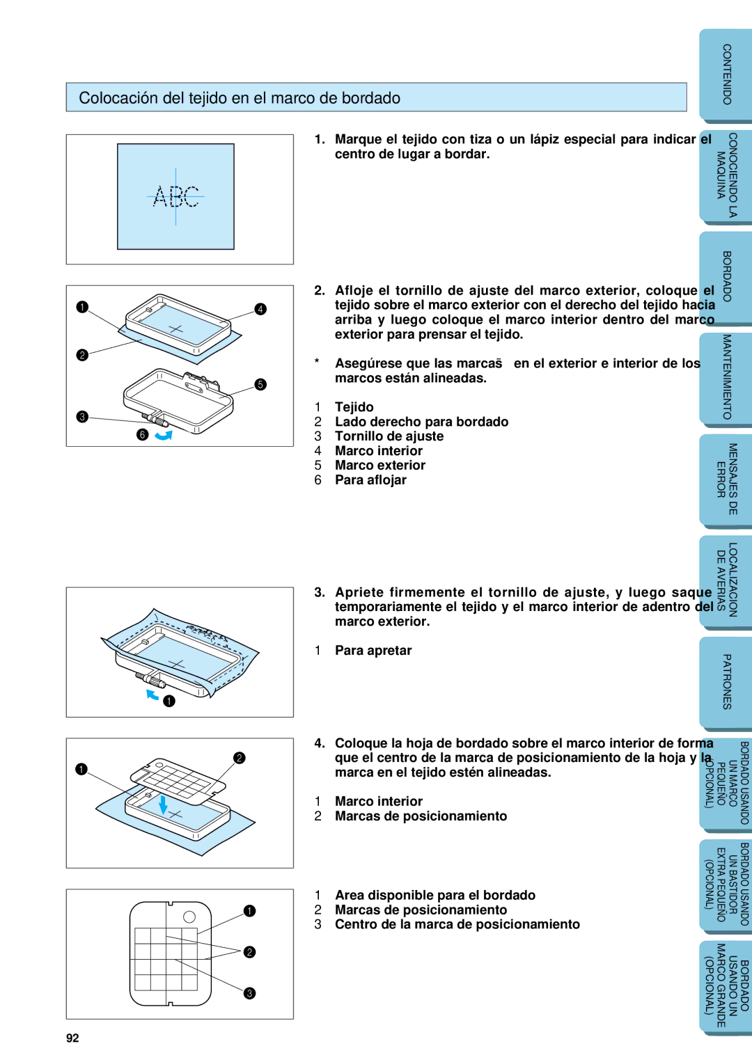 Brother PE 150 manual Colocación del tejido en el marco de bordado 