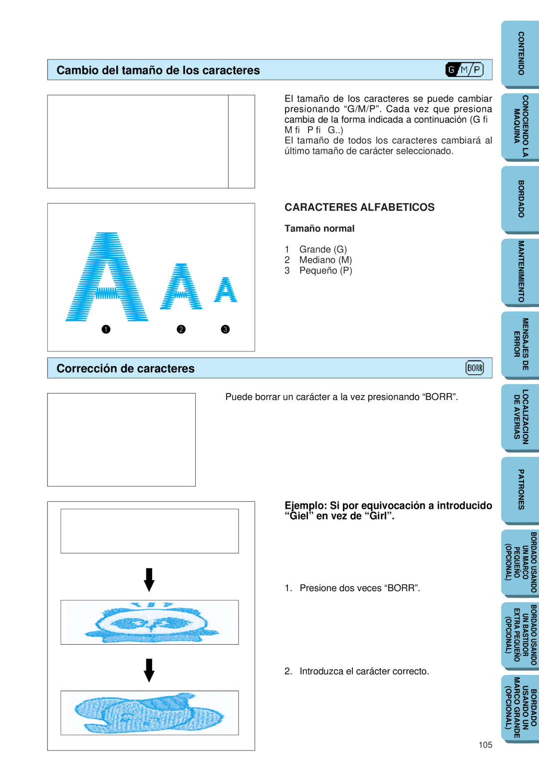 Brother PE-150 manual Cambio del tamaño de los caracteres, Corrección de caracteres, Tamaño normal 