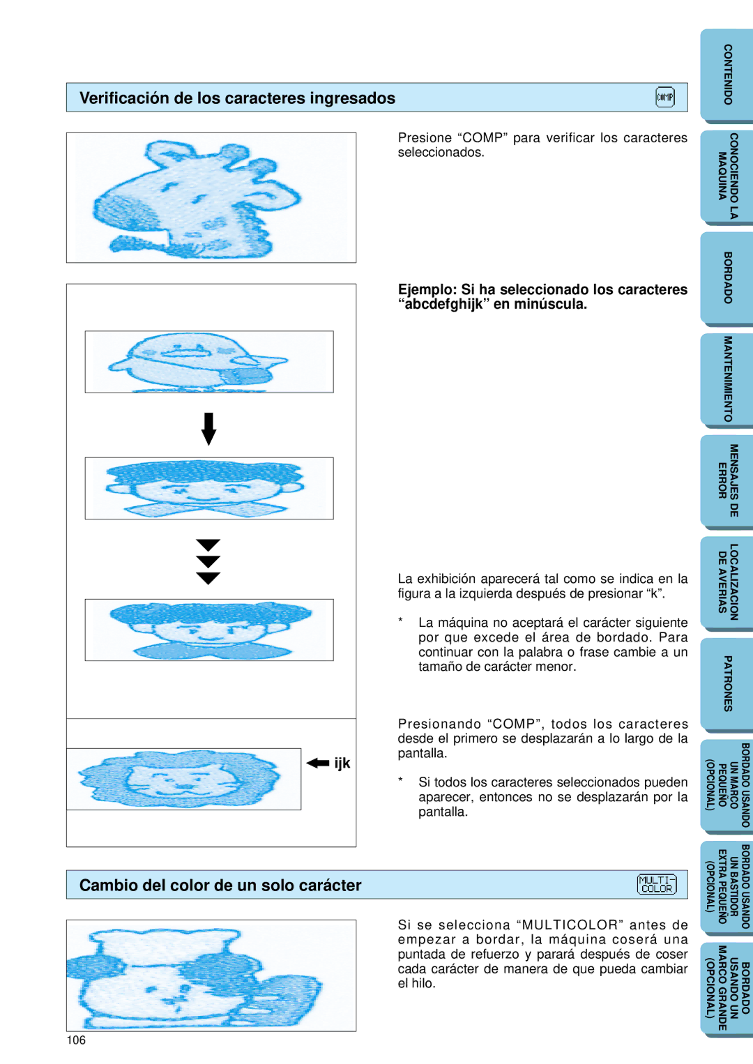 Brother PE-150 manual Verificación de los caracteres ingresados, Cambio del color de un solo carácter 