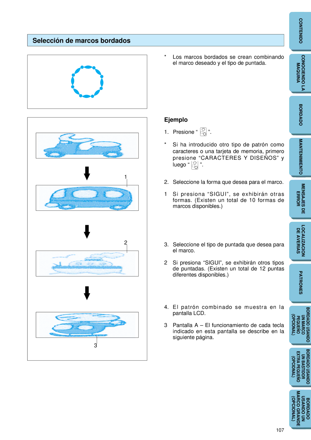 Brother PE-150 manual Selección de marcos bordados, Ejemplo 
