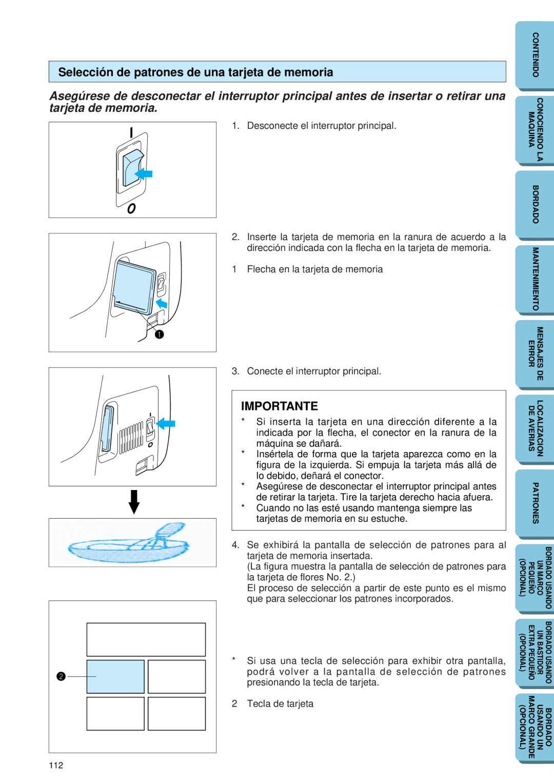 Brother PE-150 manual Selección de patrones de una tarjeta de memoria, Importante 