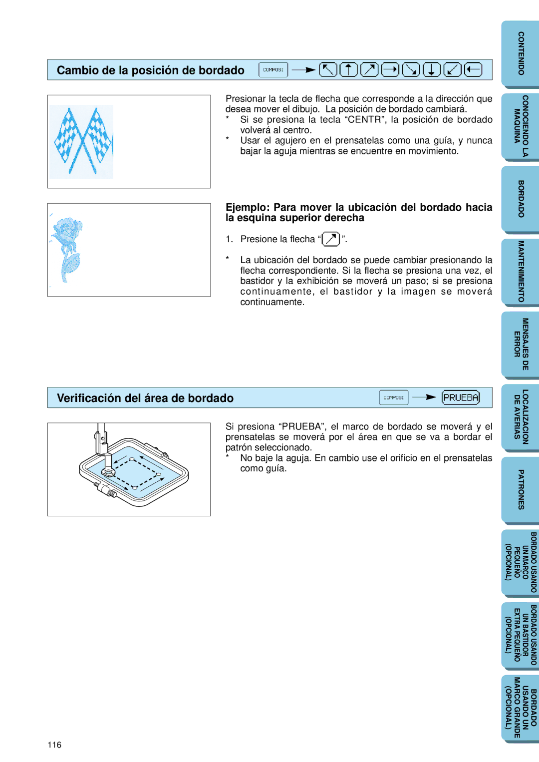 Brother PE-150 manual Cambio de la posición de bordado, Verificación del área de bordado 