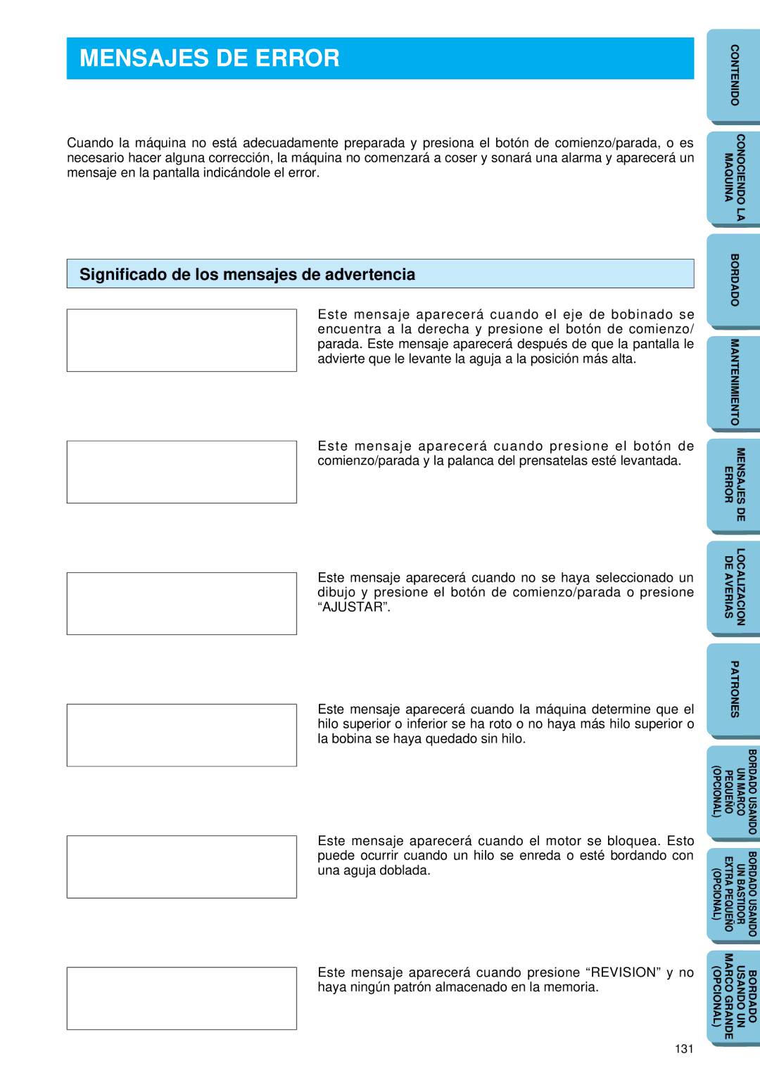 Brother PE-150 manual Mensajes DE Error, Significado de los mensajes de advertencia 