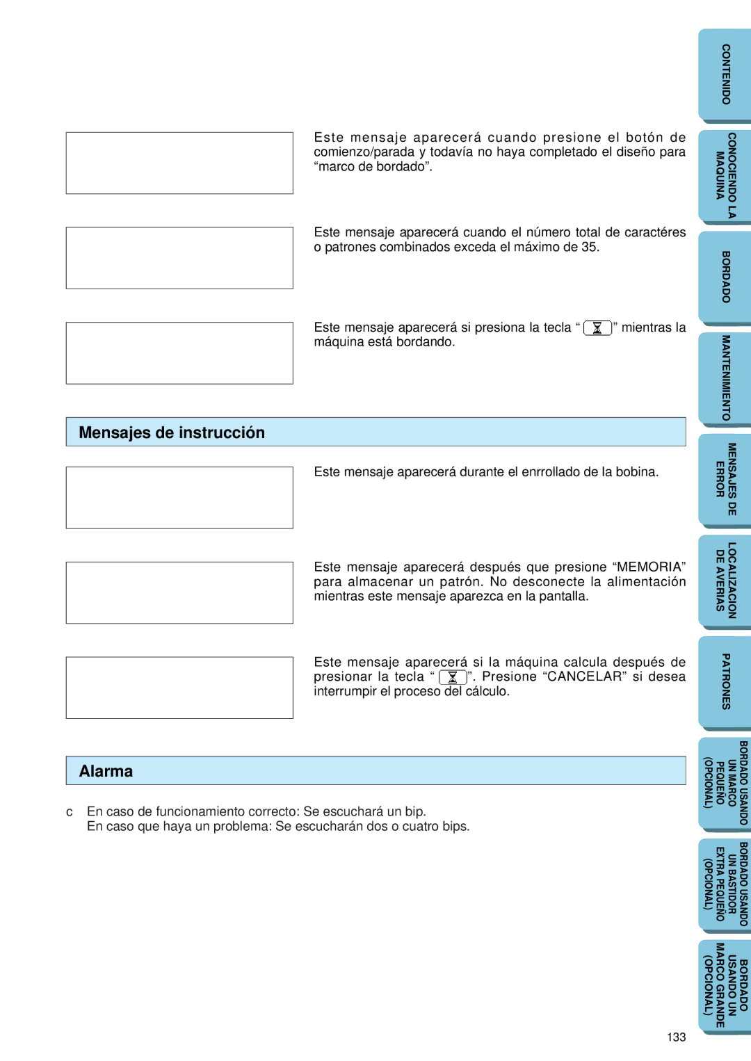 Brother PE-150 manual Mensajes de instrucción, Alarma 