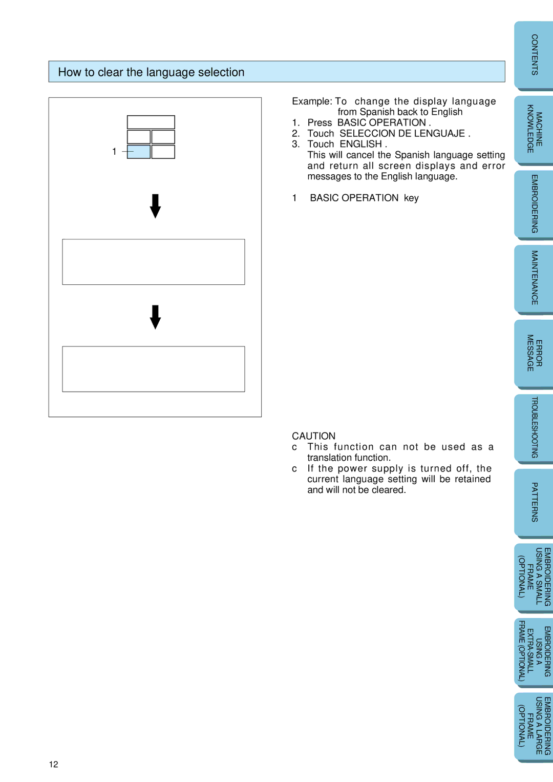 Brother PE-150 manual How to clear the language selection, Basic Operation key, Will not be cleared 