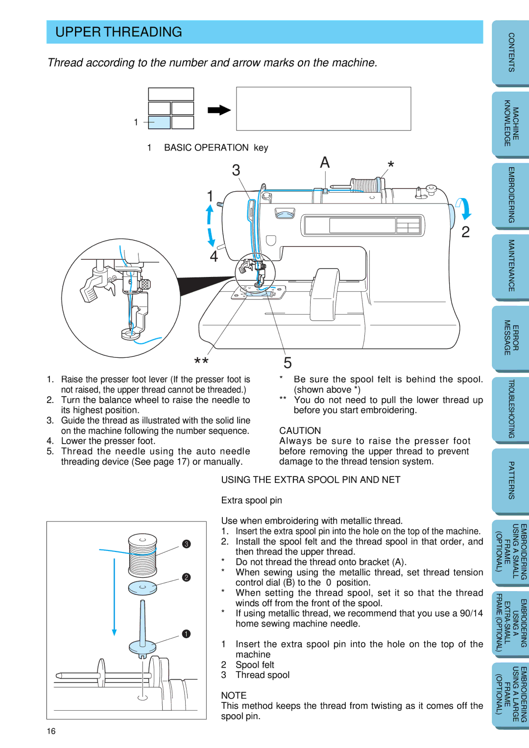 Brother PE-150 manual Upper Threading, Extra spool pin 