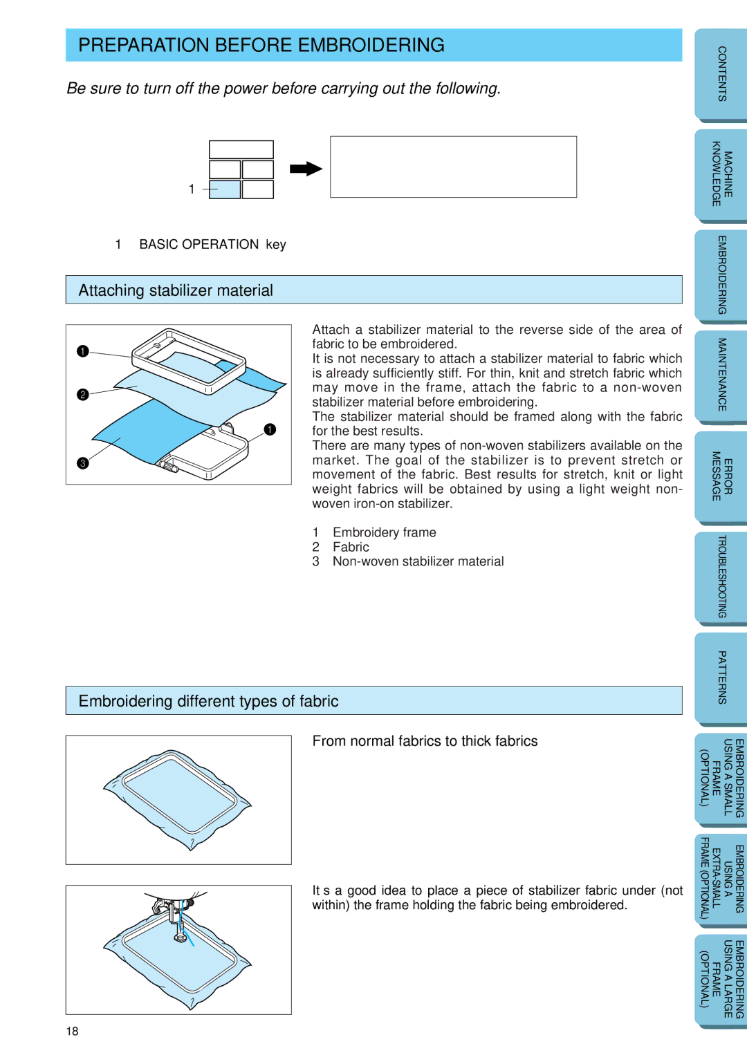Brother PE-150 Preparation Before Embroidering, Attaching stabilizer material, Embroidering different types of fabric 