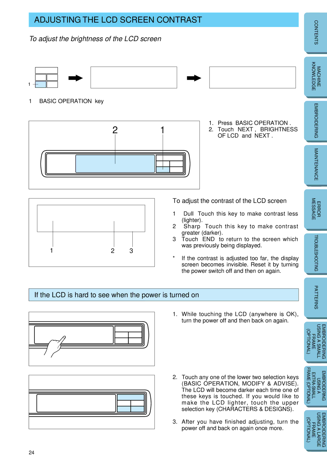 Brother PE-150 manual Adjusting the LCD Screen Contrast, To adjust the brightness of the LCD screen 