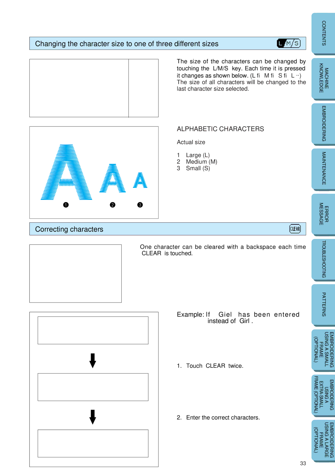 Brother PE-150 manual Changing the character size to one of three different sizes, Correcting characters 