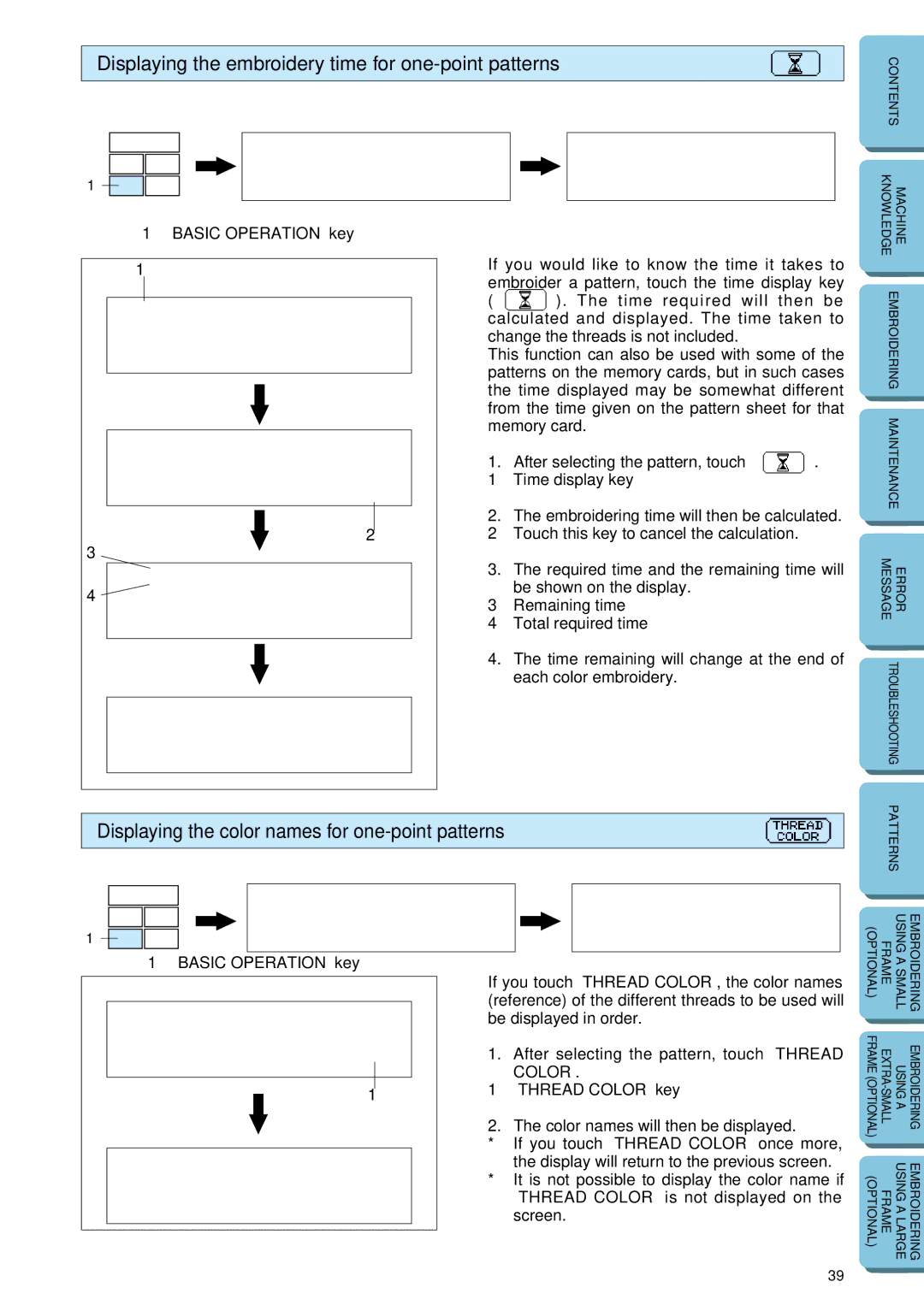 Brother PE-150 Displaying the embroidery time for one-point patterns, Displaying the color names for one-point patterns 