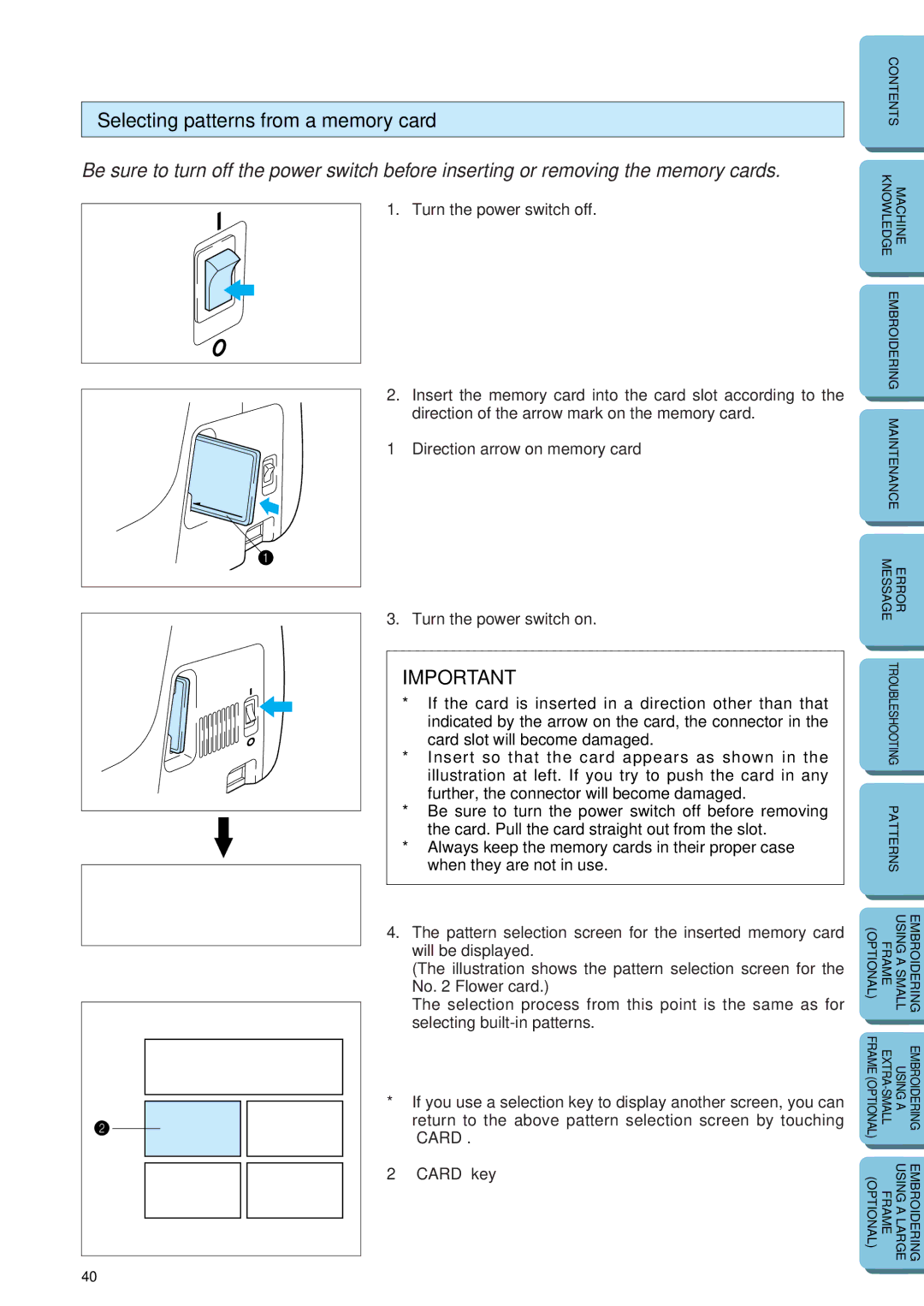 Brother PE-150 manual Selecting patterns from a memory card 