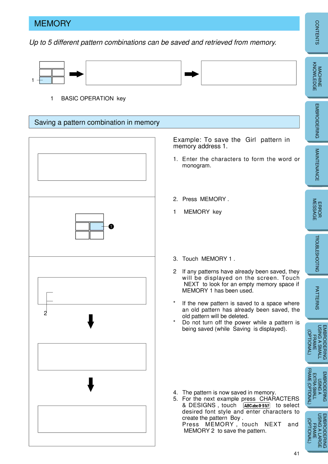 Brother PE-150 manual Saving a pattern combination in memory, Example To save the Girl pattern Memory address 