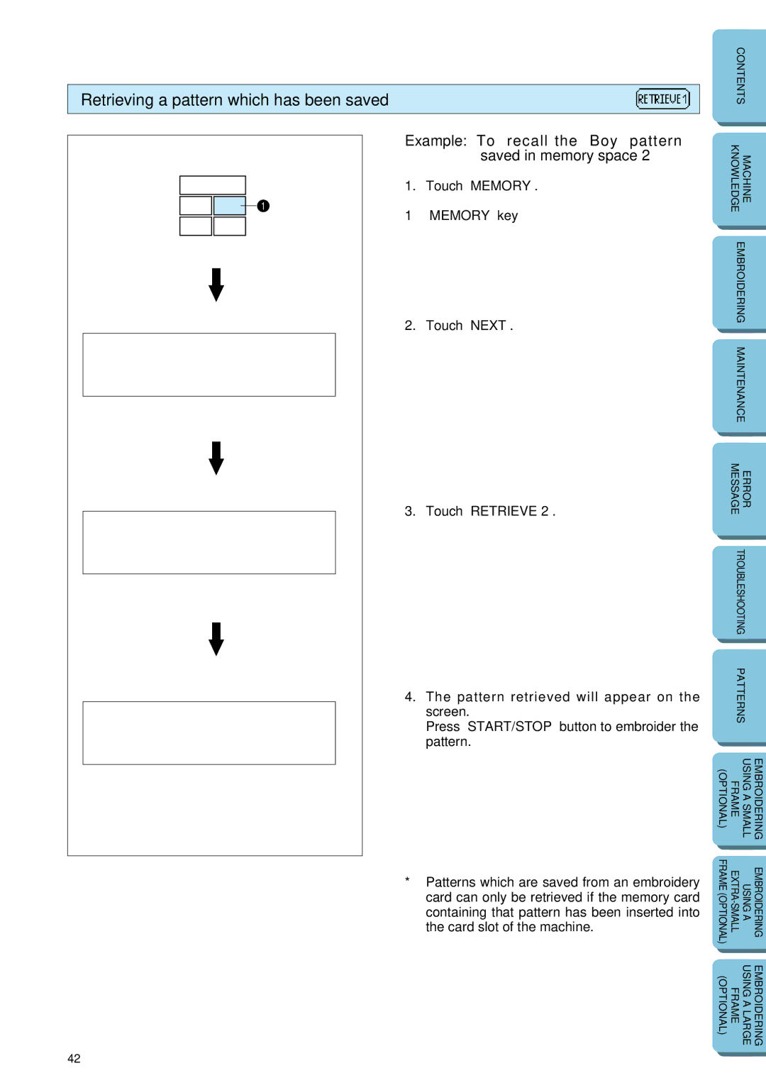 Brother PE-150 manual Retrieving a pattern which has been saved, Example To recall the Boy pattern saved in memory space 