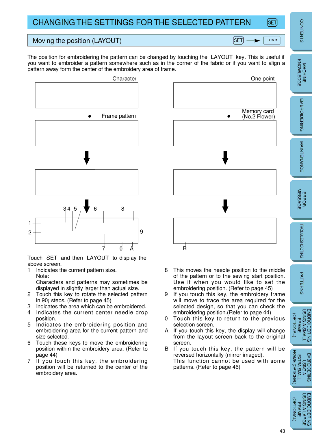 Brother PE-150 manual Changing the Settings for the Selected Pattern, Moving the position Layout 