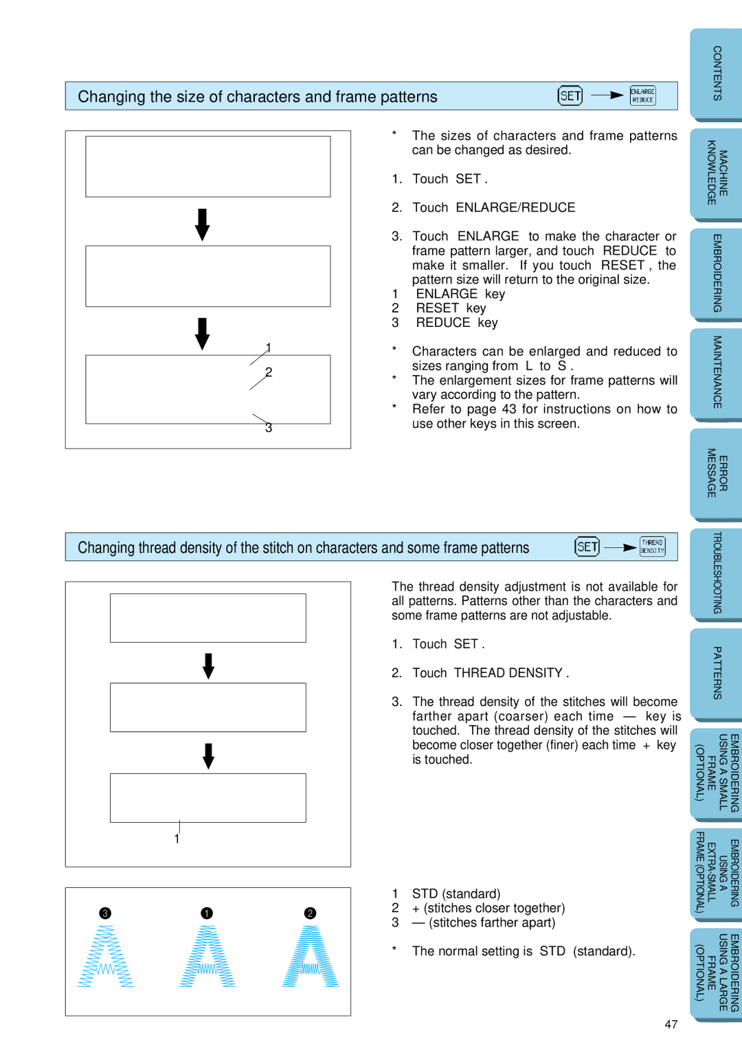 Brother PE-150 manual Changing the size of characters and frame patterns 