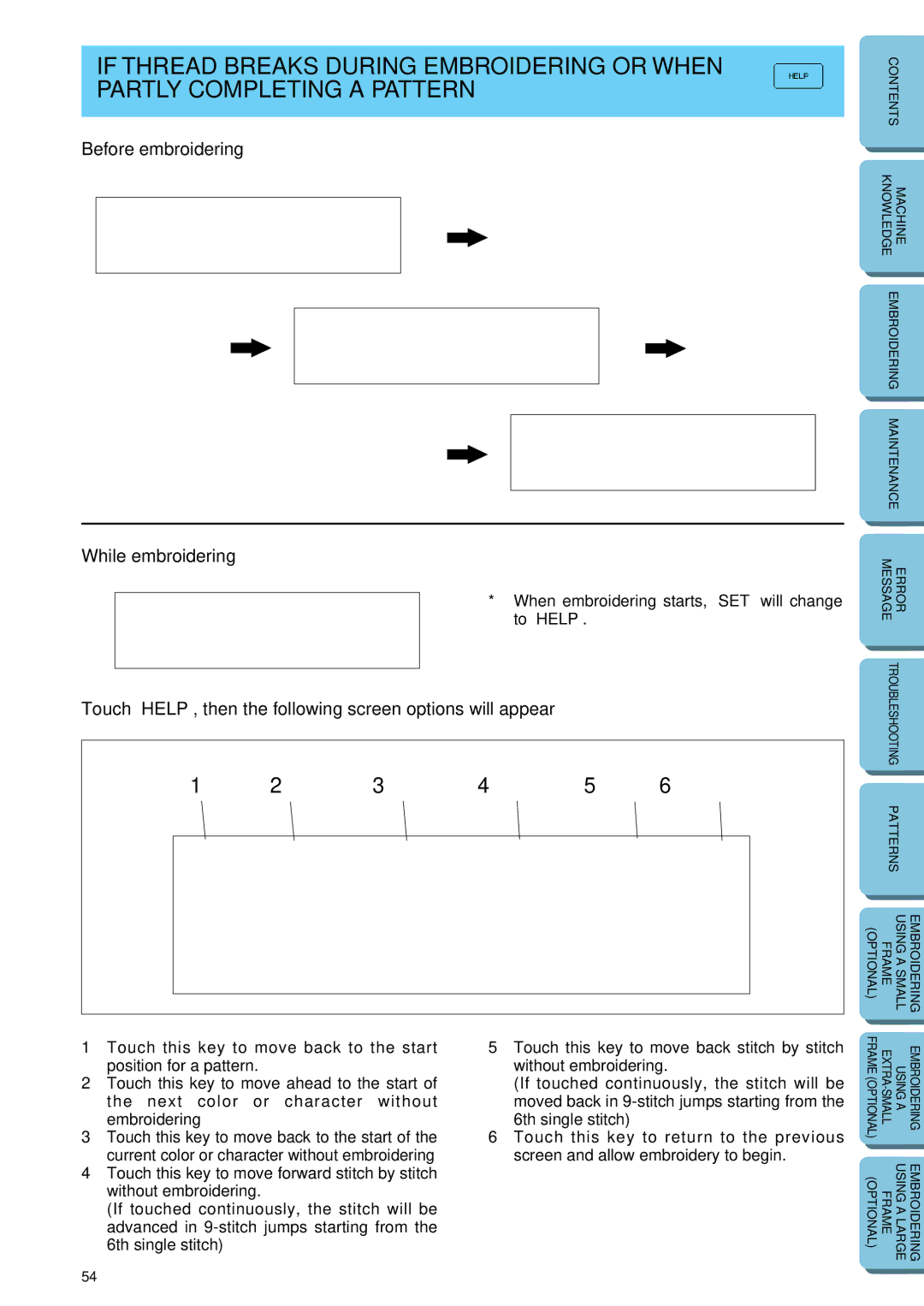 Brother PE-150 manual Before embroidering, While embroidering, Touch HELP, then the following screen options will appear 