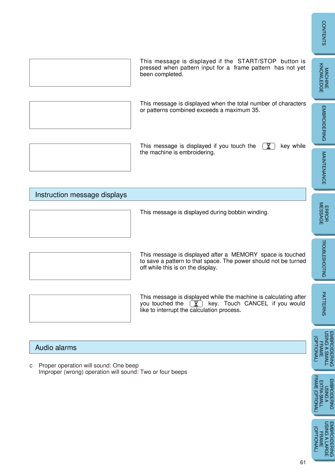Brother PE-150 manual Instruction message displays, Audio alarms 