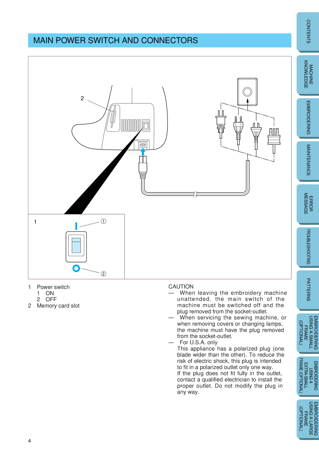 Brother PE-150 manual Main Power Switch and Connectors 