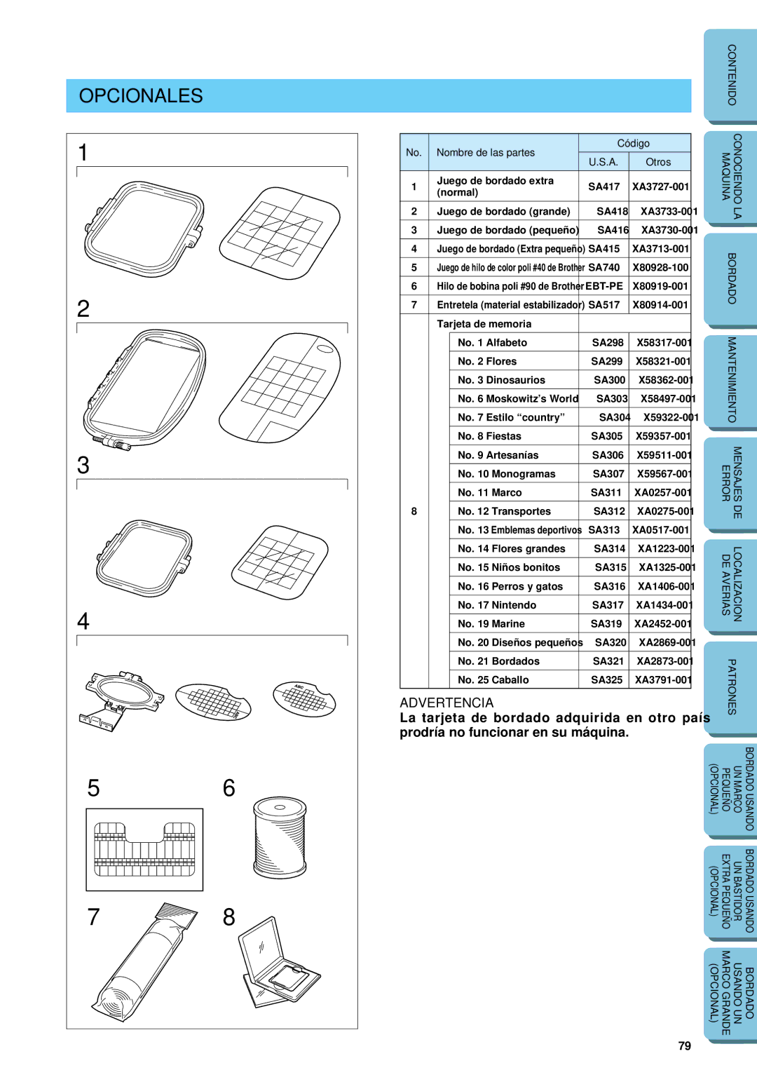 Brother PE-150 manual Opcionales, Nombre de las partes Código Otros 