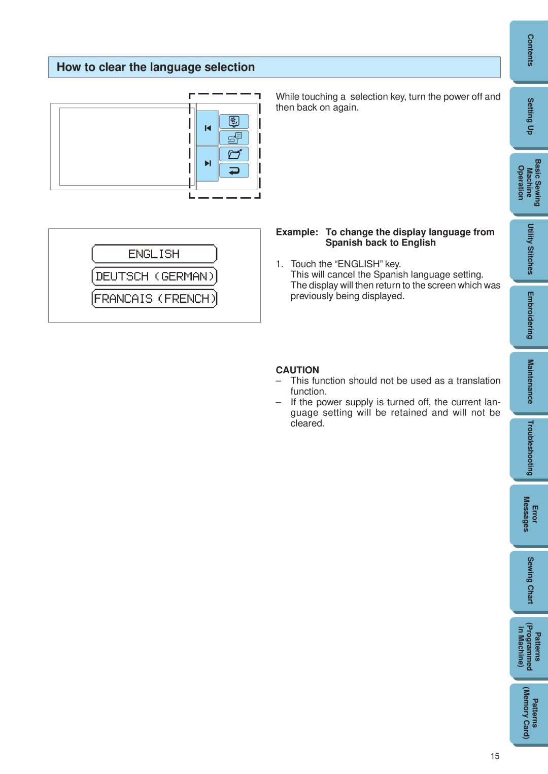 Brother PE 300S operation manual How to clear the language selection 