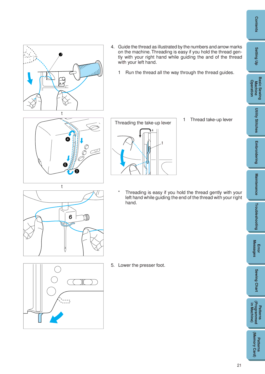 Brother PE 300S operation manual With your left hand, Run the thread all the way through the thread guides 