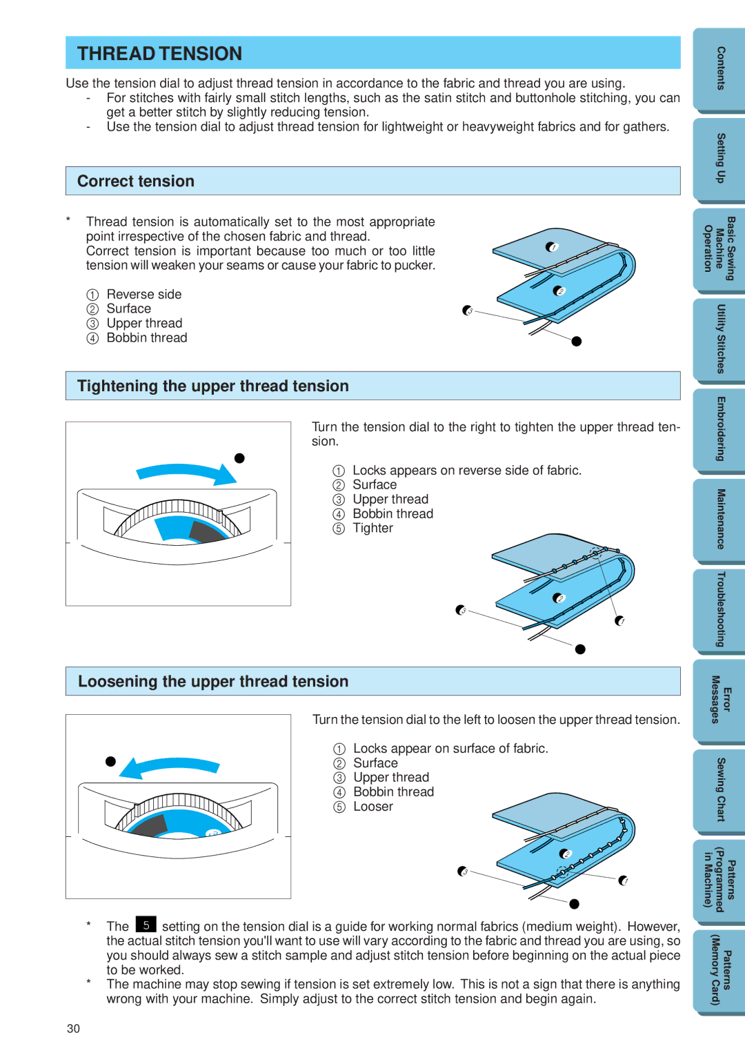 Brother PE 300S Thread Tension, Correct tension, Tightening the upper thread tension, Loosening the upper thread tension 