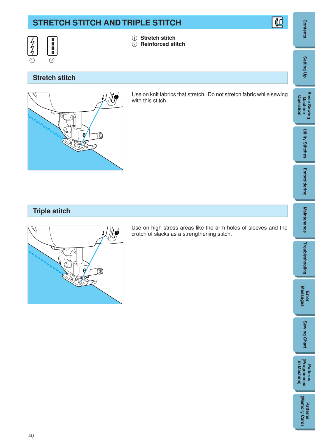 Brother PE 300S operation manual Stretch Stitch and Triple Stitch, Triple stitch, Stretch stitch Reinforced stitch 