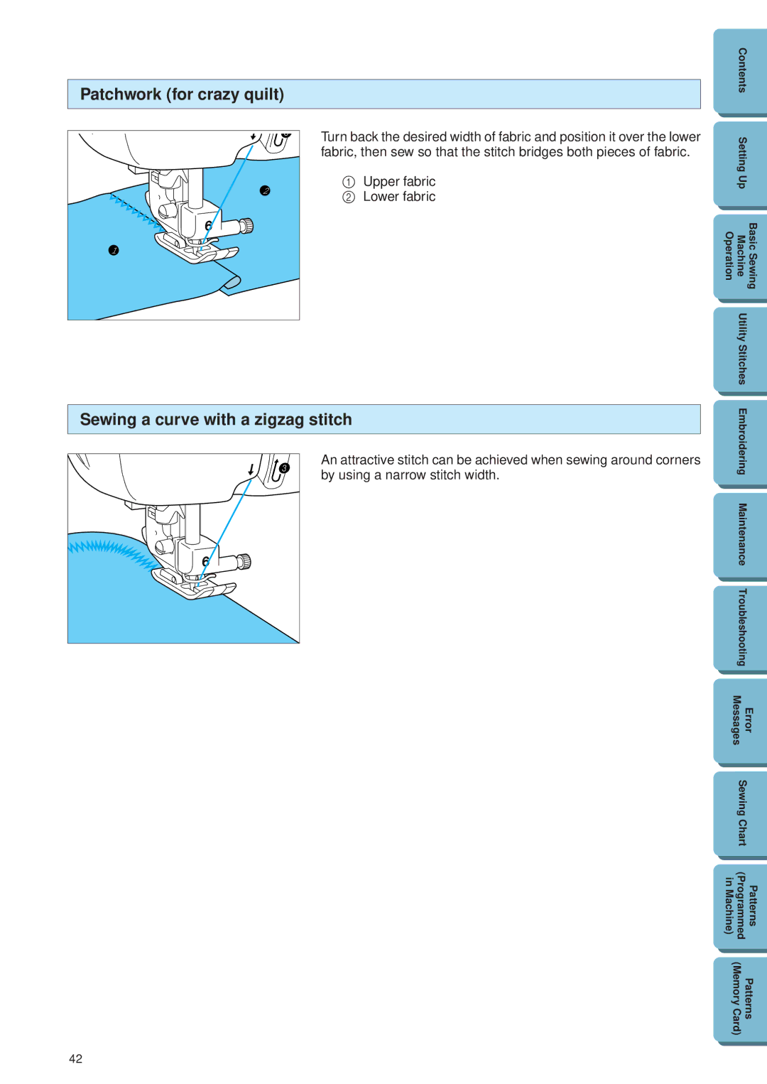 Brother PE 300S operation manual Patchwork for crazy quilt, Sewing a curve with a zigzag stitch, Upper fabric, Lower fabric 