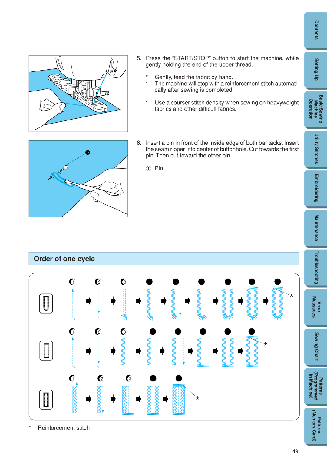 Brother PE 300S operation manual Order of one cycle, Pin, Reinforcement stitch 