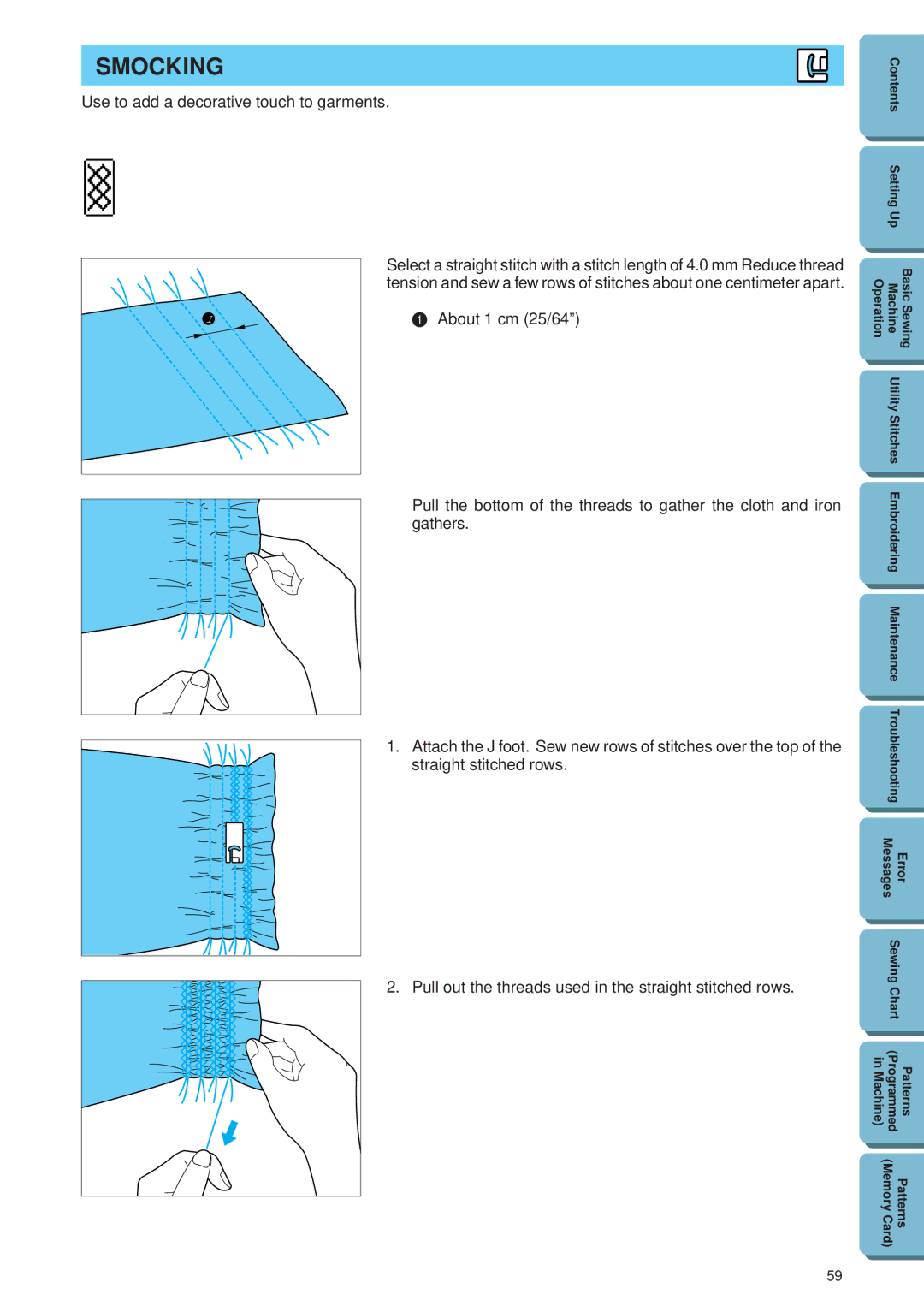 Brother PE 300S operation manual Smocking, Use to add a decorative touch to garments 