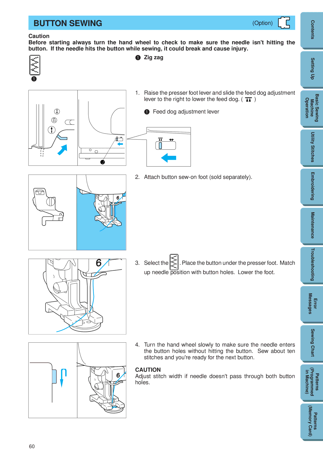 Brother PE 300S operation manual Button Sewing, Option, Attach button sew-on foot sold separately Select 