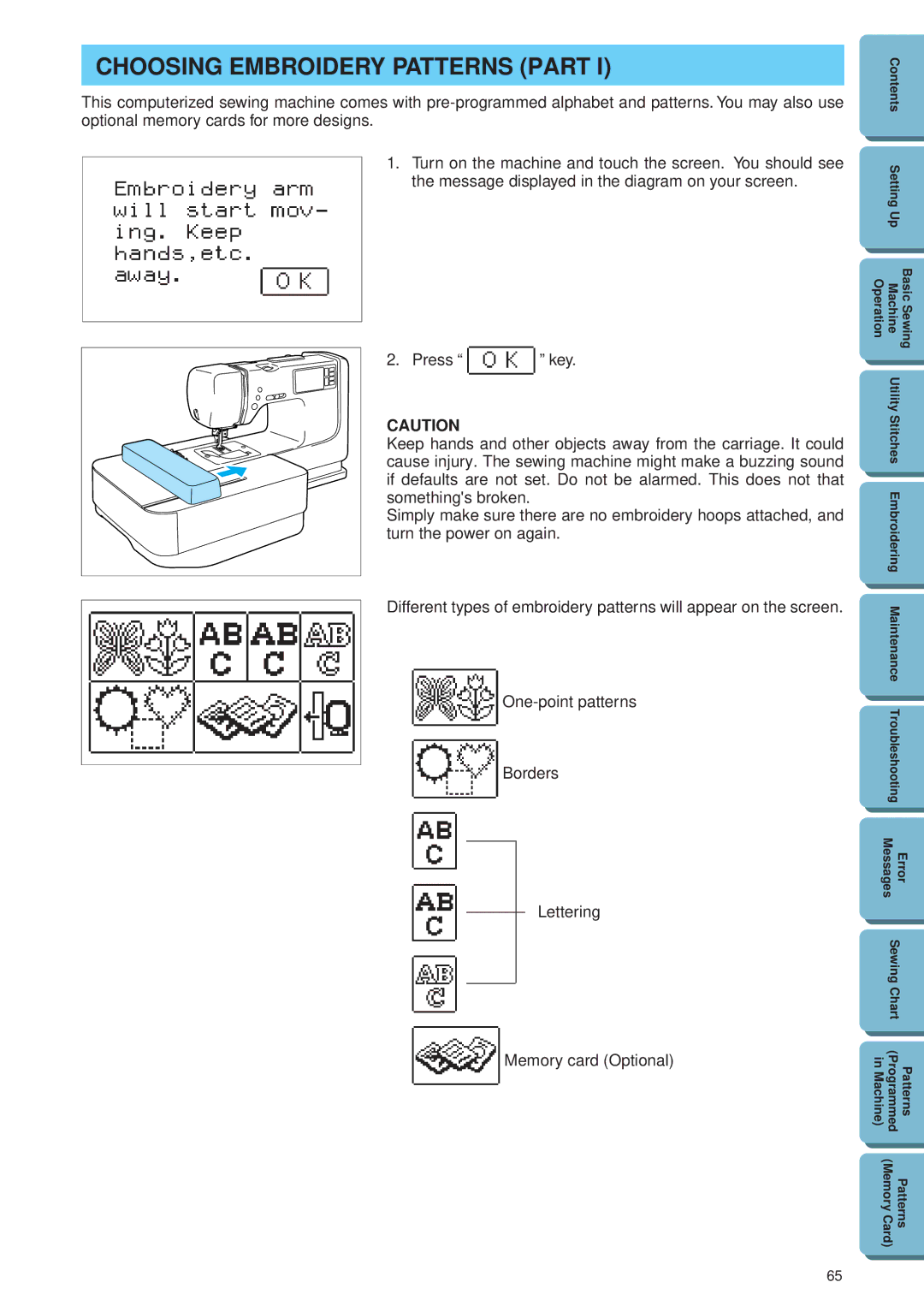 Brother PE 300S operation manual Choosing Embroidery Patterns Part 