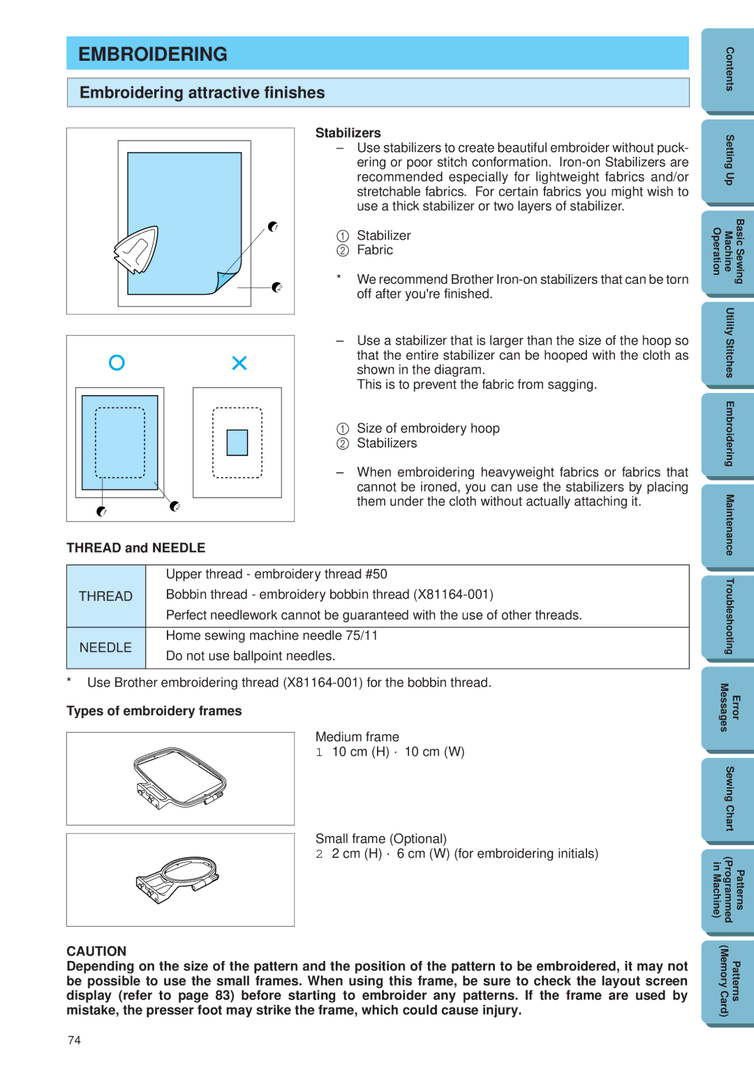 Brother PE 300S Embroidering attractive finishes, Stabilizers, Thread and Needle, Types of embroidery frames 