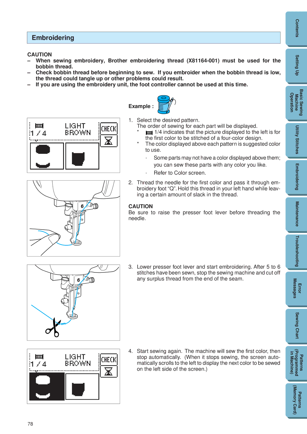 Brother PE 300S operation manual Embroidering 