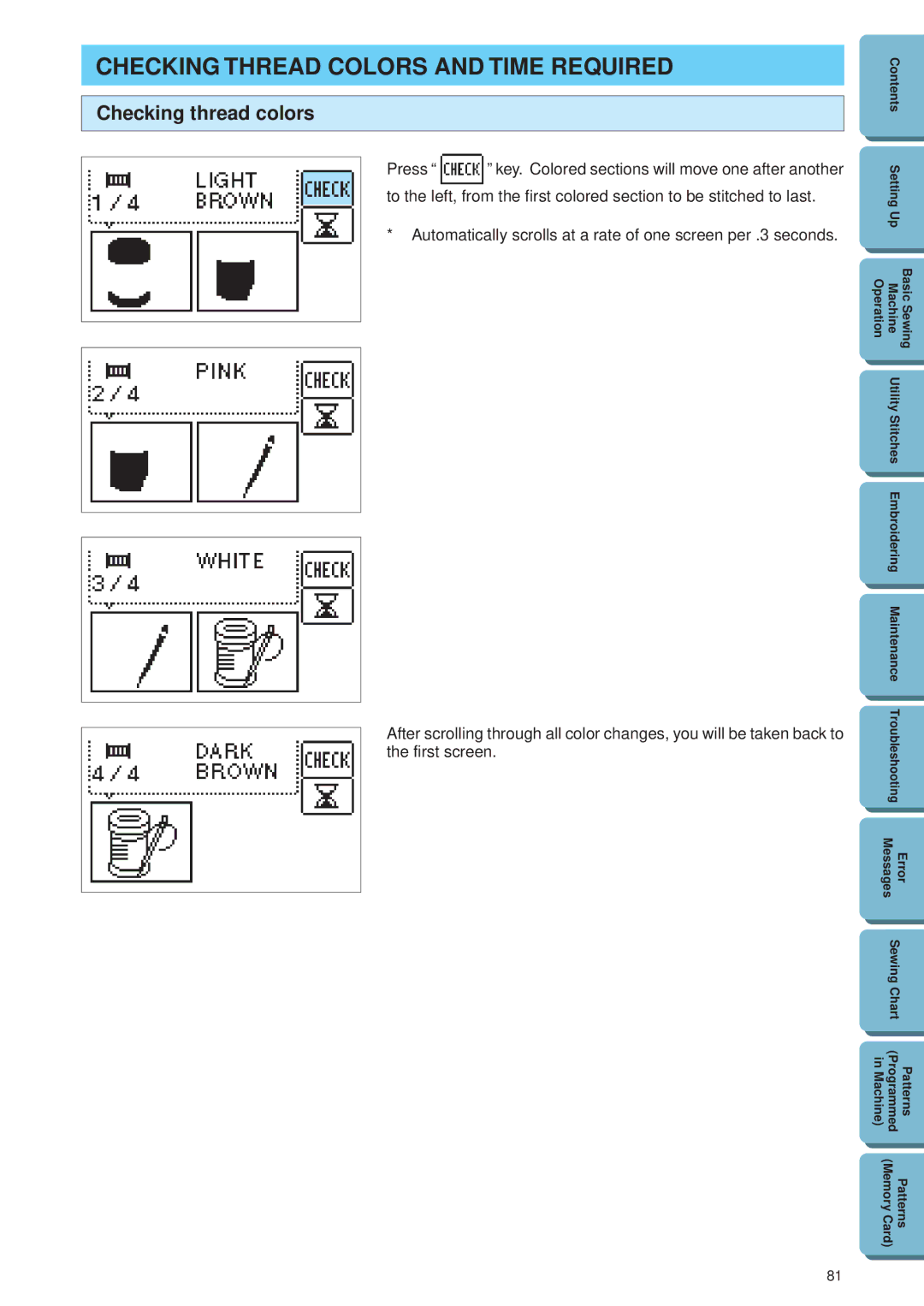 Brother PE 300S operation manual Checking Thread Colors and Time Required, Checking thread colors 