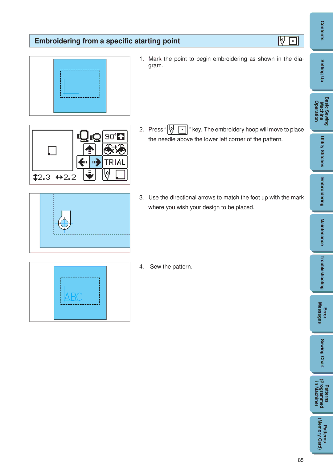 Brother PE 300S operation manual Embroidering from a specific starting point 