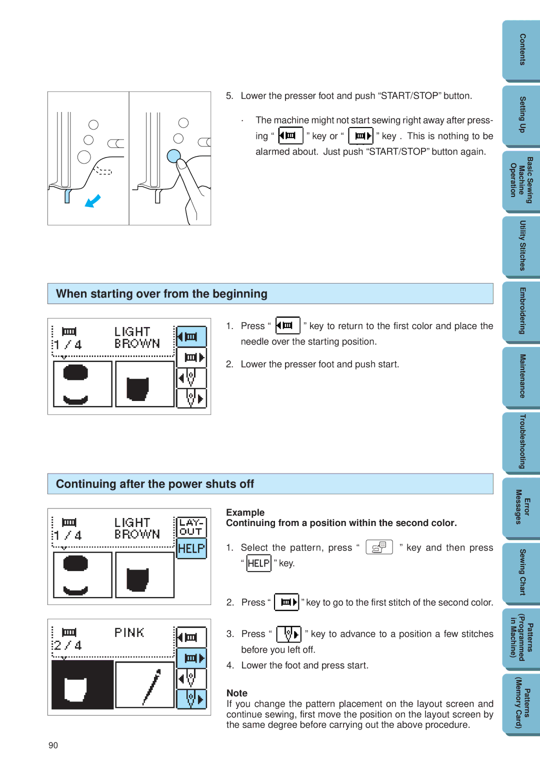 Brother PE 300S operation manual When starting over from the beginning, Continuing after the power shuts off 