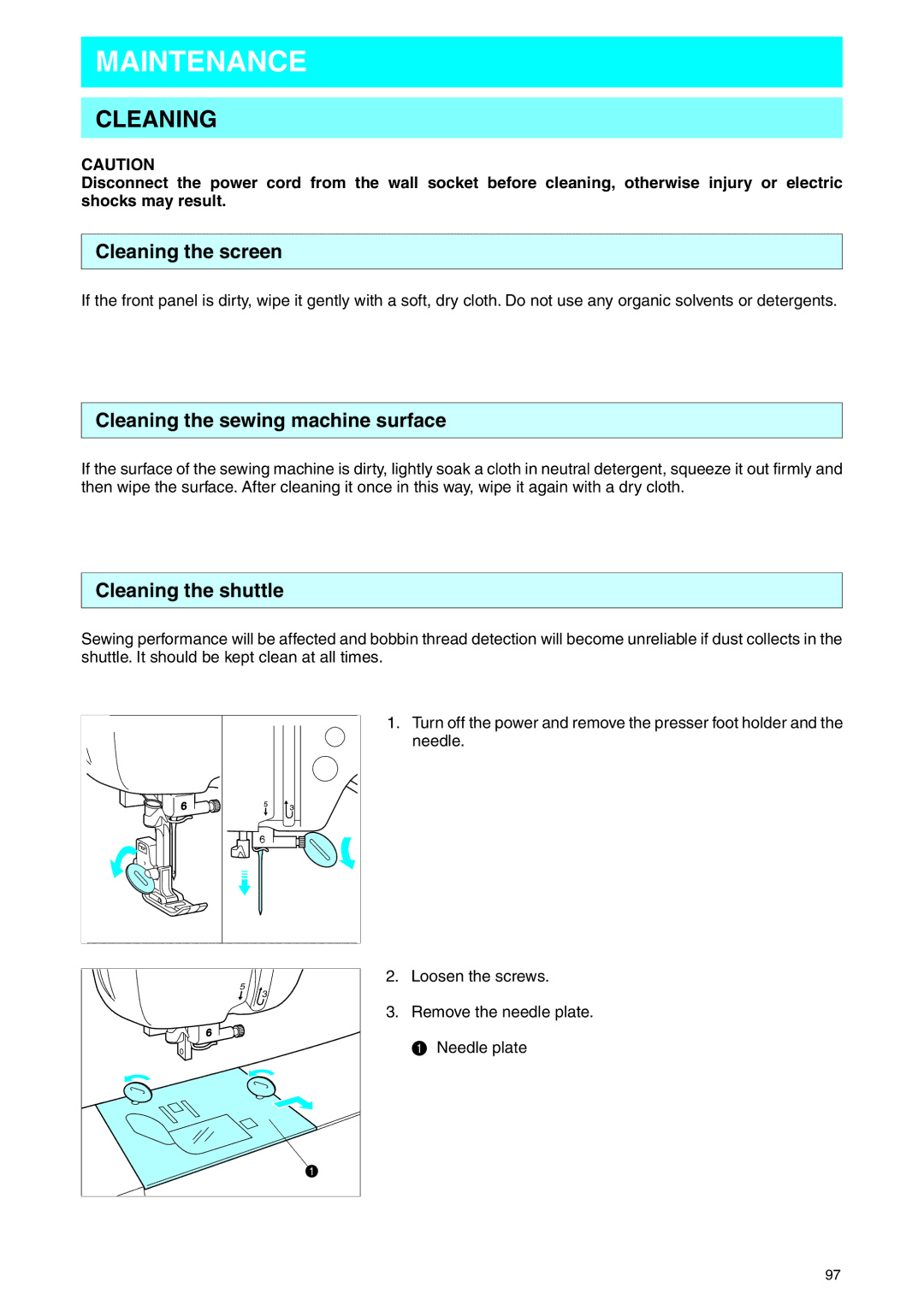 Brother PE 400D Maintenance, Cleaning the screen, Cleaning the sewing machine surface, Cleaning the shuttle 