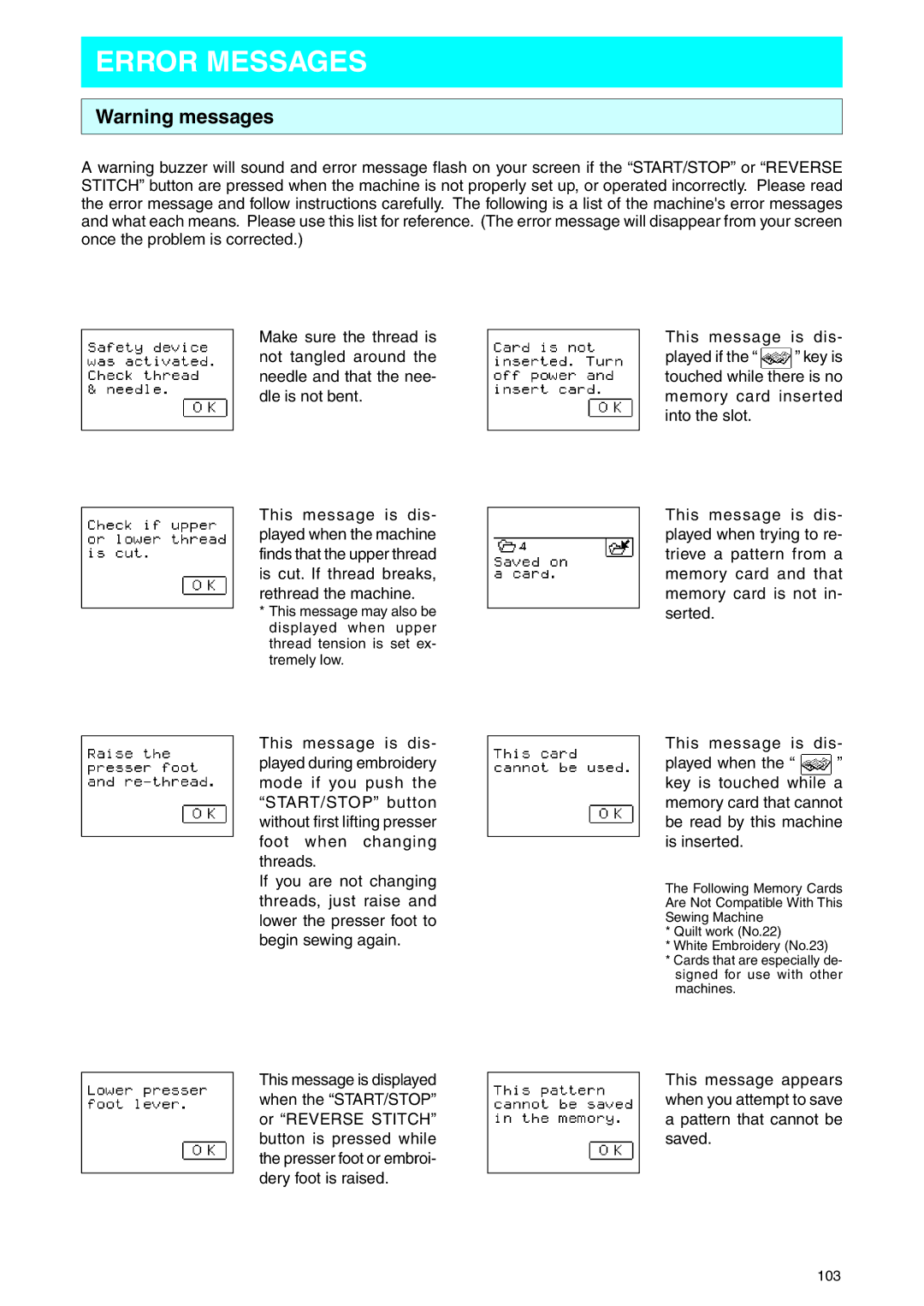 Brother PE 400D operation manual Error Messages 