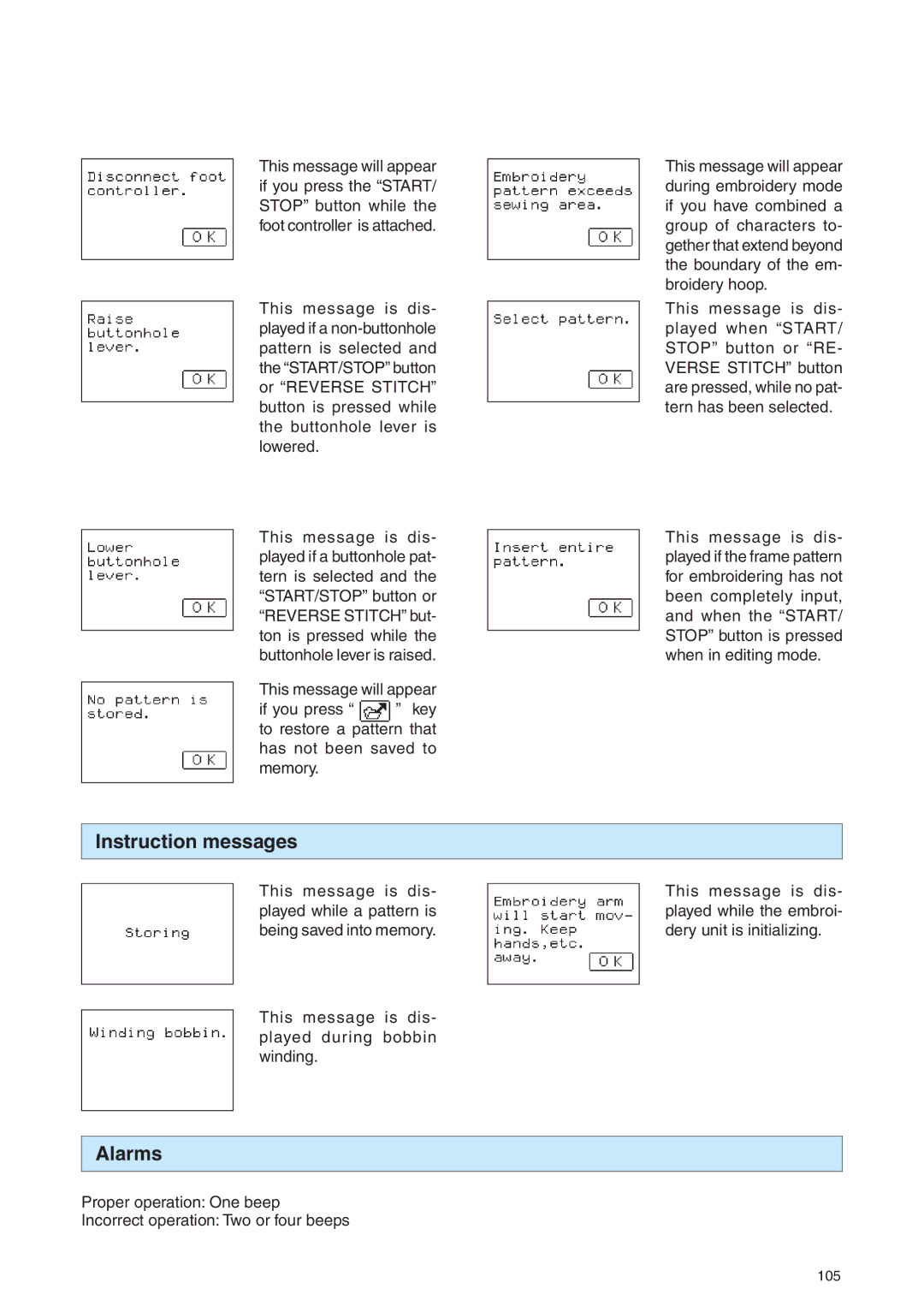 Brother PE 400D operation manual Instruction messages, Alarms 