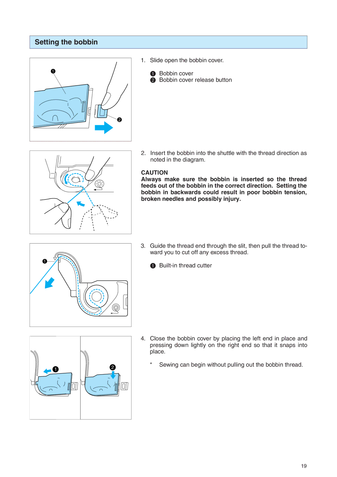 Brother PE 400D operation manual Setting the bobbin 