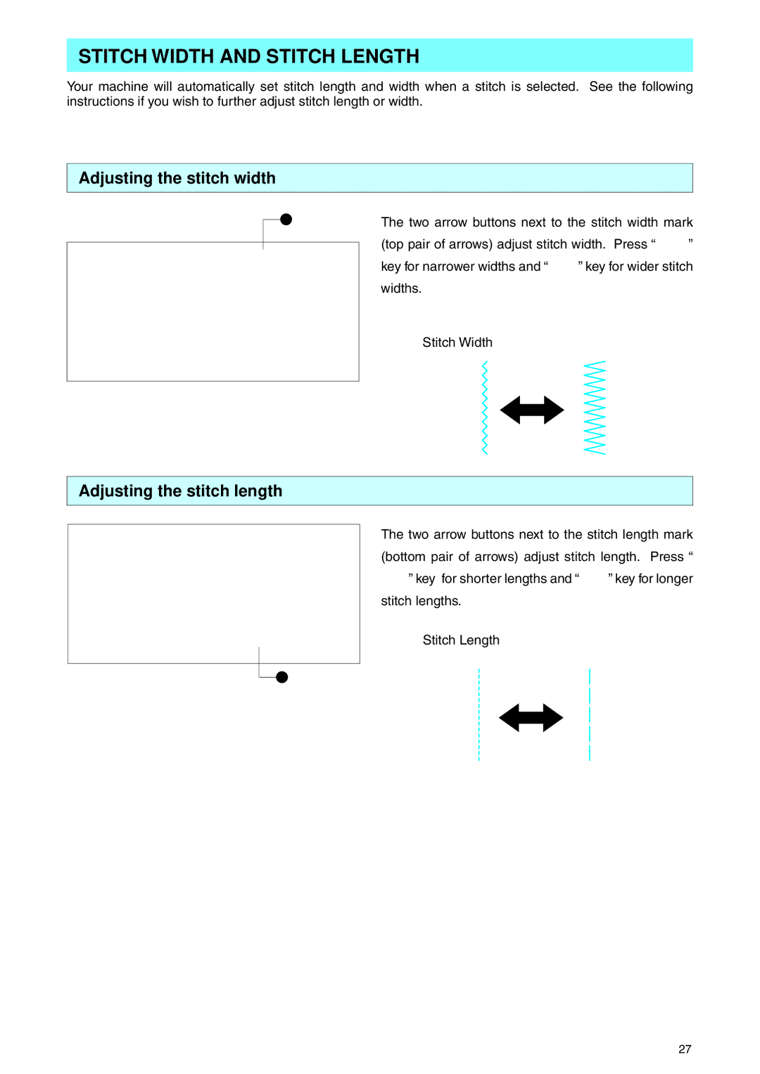 Brother PE 400D operation manual Stitch Width and Stitch Length, Adjusting the stitch width, Adjusting the stitch length 