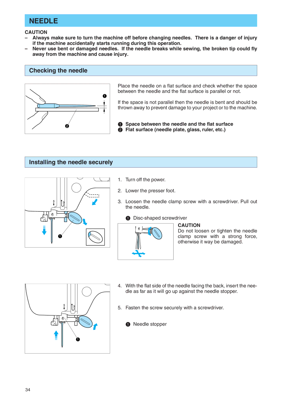 Brother PE 400D operation manual Needle, Checking the needle, Installing the needle securely 