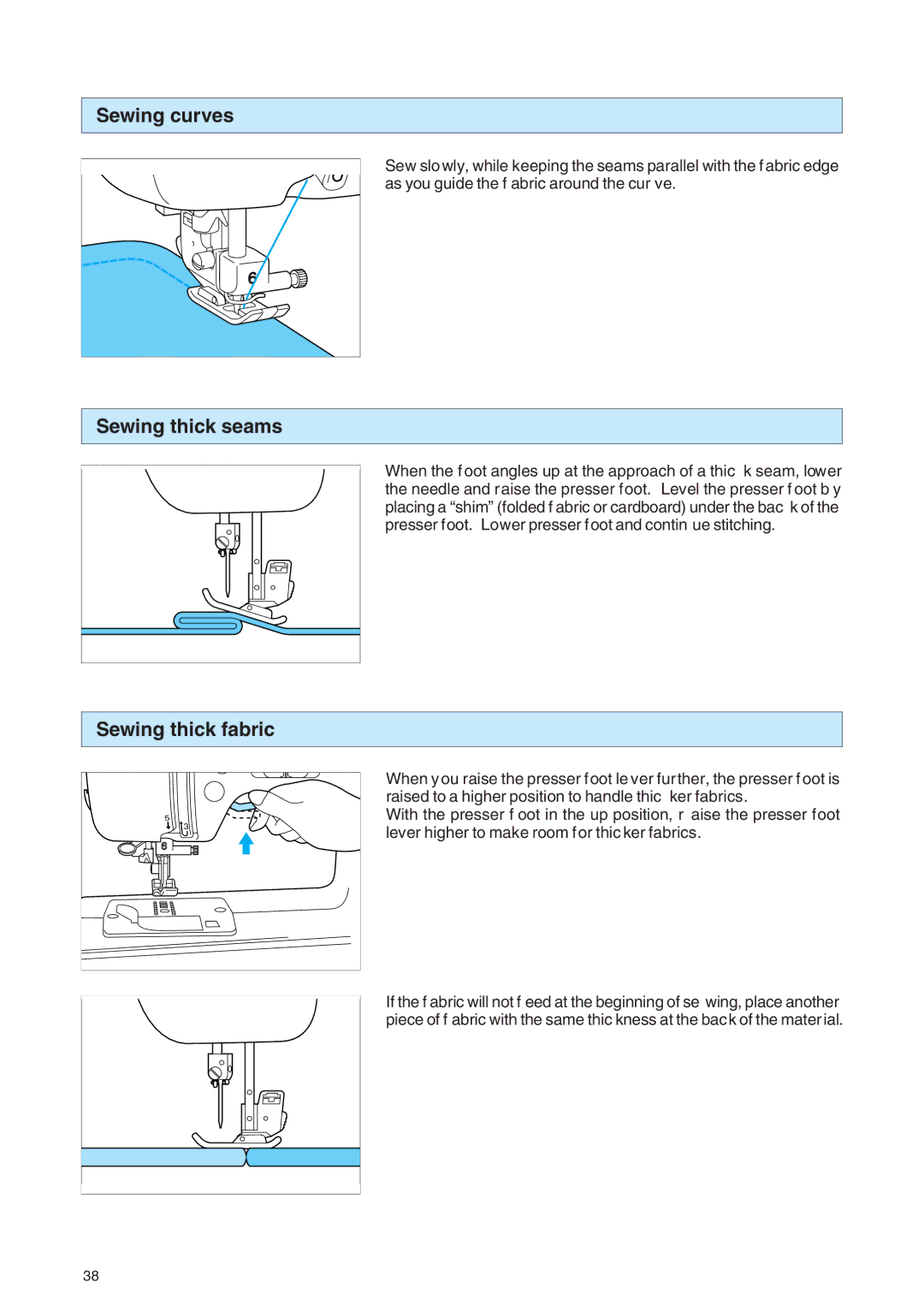 Brother PE 400D operation manual Sewing curves, Sewing thick seams, Sewing thick fabric 