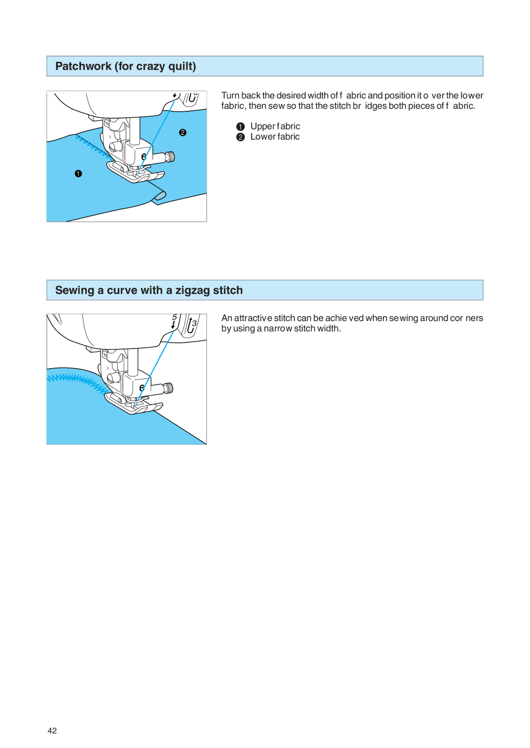 Brother PE 400D operation manual Patchwork for crazy quilt, Sewing a curve with a zigzag stitch 