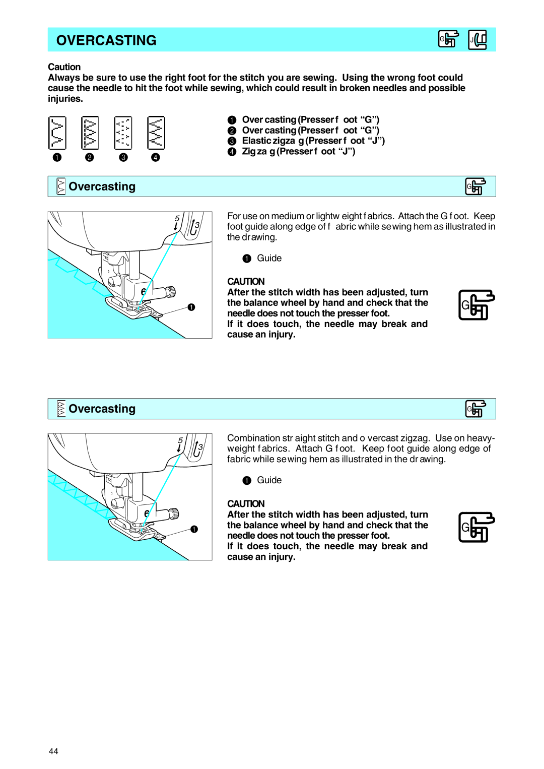 Brother PE 400D operation manual Overcasting, Weight f abrics. Attach G f oot. Keep foot guide along edge 